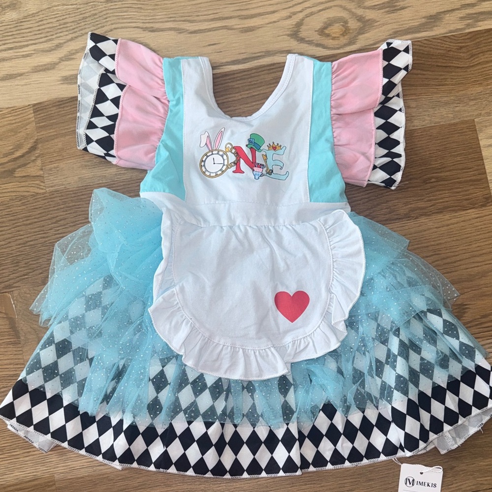Kiss Pink, Light Blue & White Tulle Kids Dress with Apron
